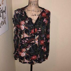 Jessica Simpson Keilani Black Floral Ruffle Sweet Bird Print Blouse Size S